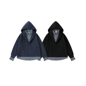 Sudadera con capucha para hombre, estilo vintage, de otoño-primavera, con efecto de dos piezas, cuello camisero, holgada, informal, tejida, antiarrugas, para exterior. - Product Image 1