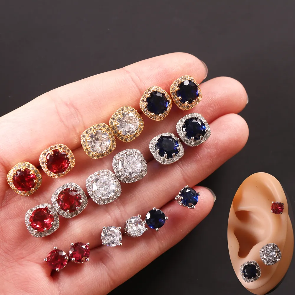 2023 Exquisite Fashion Jewelry High Quality 10MM 6MM Red White Blue 3A Cubic Zircon Stud Earrings For Women Gift