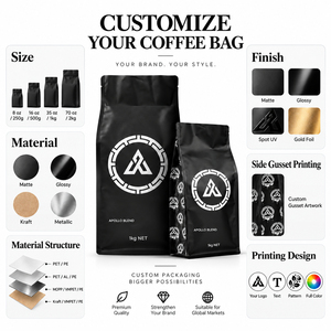 Sac à café personnalisé de 1 kg, noir mat, fond plat, avec valve de dégazage et fermeture éclair, pour l'emballage des grains de café torréfiés - Product Image 2
