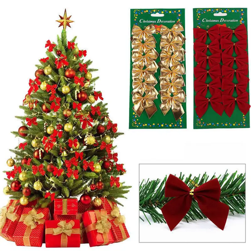 Trending products 2022 new arrivals 12 pcs/bag Christmas tree decorations bowsred gold silver Christmas Ornaments accessories