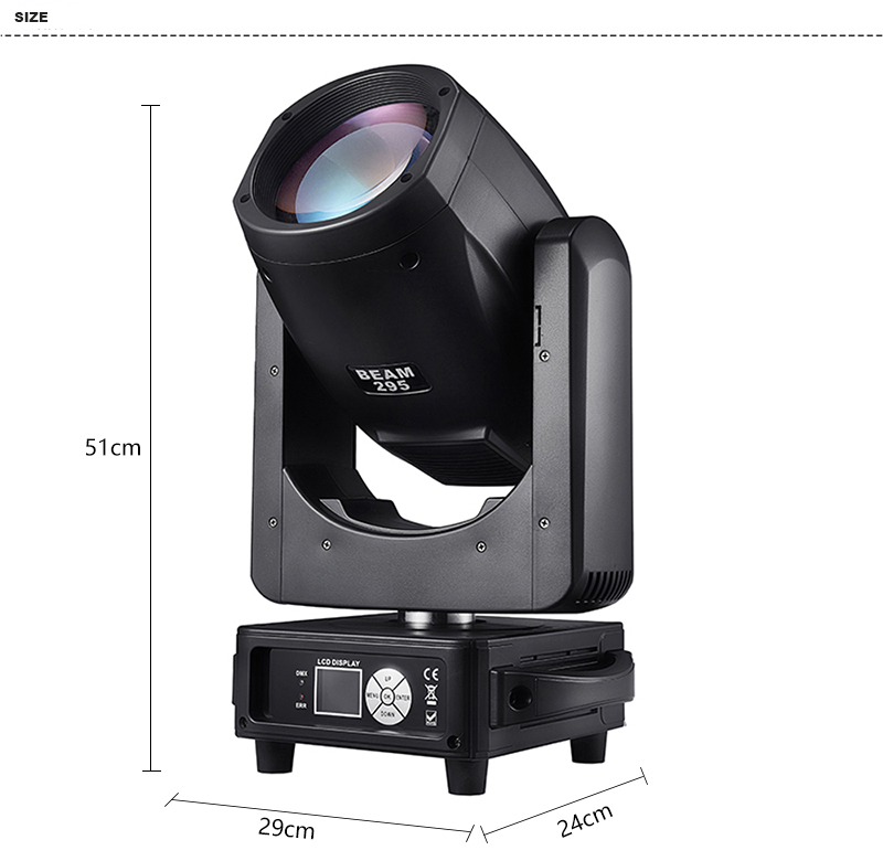 フォーカスフロストとレインボーレンズ効果を備えた295Wビームムービングヘッドライト強力なビームスポットパーティーディスコDJステージライト