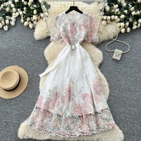 Robe élégante pour femmes, robe de soirée mi-longue à manches courtes, robe décontractée à fleurs en dentelle brodée, robe pour femmes