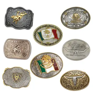 Aksesoris desainer Logo kustom gesper sabuk pria logam Meksiko Aloi seng nama Barat koboi wanita kosong 3d putar murah