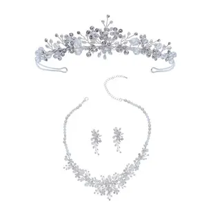 New Design Handmade Flower Bridal Dress Hair Accessories Crown Wedding Necklace Earring Set For Women