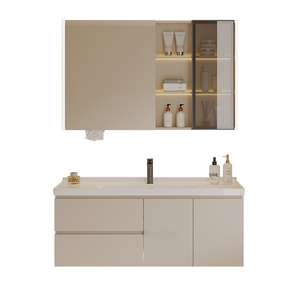 Mueble de Baño Moderno Minimalista Color Crema con Lavabo de Cerámica Integrado, Iluminación Antivaho y Base <span class=keywords><strong>para</strong></span> Esfregona - Product Image 5