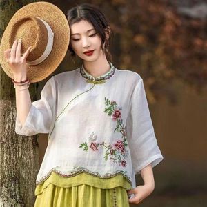 Women's Cotton Linen Embroidered Color Block Short Sleeve Top With Contrast Binding Breathable Artistic Retro Chinese Style - Product Image 4
