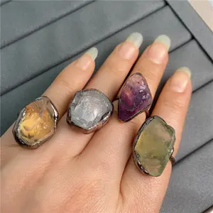 2021 hot sale natural raw gemstone crystal ring,citrine amethyst green fluorite mini stone ring with antique bronze plated ring