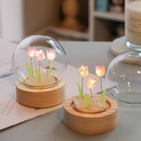 Lanterne de nuit moderne en verre en forme de tulipe, faite à la main, DIY, avec LED, base en bois, batterie amovible, lumière blanche neutre 4100K, pour la maison