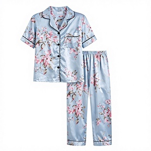 Conjunto de Pijama de Seda Satén Azul Cielo para Mujer, Personalizado por el Fabricante, Transpirable, Térmico, para Verano y Otoño, con Botones y Manga Corta - Product Image 3