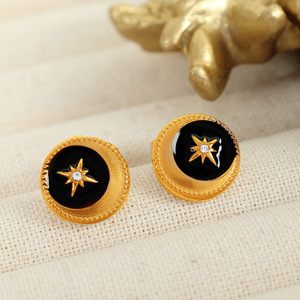 French Retro Star Pattern Gold Plated <b>Stud</b> <b>Earrings</b> <b>Black</b> Enamel Geometric Design Fashion Jewelry - Product Image 3