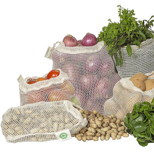 Экологичная Складная многоразовая хлопковая сетчатая продуктовая сумка для овощей с принтом логотипа