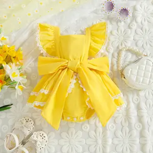 2024夏季女婴公主连身衣女婴可爱露背黄色连身裙