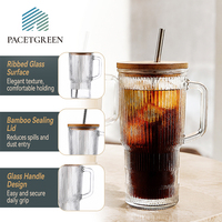 Gobelet en verre côtelé PACETGREEN avec poignée, couvercle en bambou, paille en acier inoxydable, tasse à café résistante à la chaleur pour boissons glacées