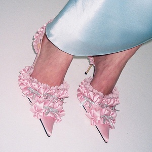 Sandales à talons hauts pour femmes, ornées de diamants brillants et d'un nœud, à bride arrière, à bout pointu fermé, style slingback, escarpins de mariage - Product Image 1