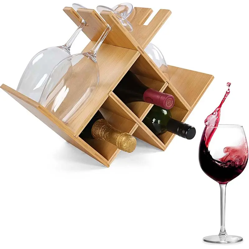 Encimera Estante para vino Soporte para vidrio 3 botellas Estantes de almacenamiento de bambú Mesa pequeña Soporte para vino Espacio para 4 copas