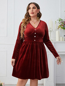 Taglie forti abito da donna di alta qualità <span class=keywords><strong>con</strong></span> scollo <span class=keywords><strong>a</strong></span> V rosso intenso abito dimagrante <span class=keywords><strong>a</strong></span> vita alta <span class=keywords><strong>a</strong></span> <span class=keywords><strong>maniche</strong></span> lunghe OEM - Product Image 2