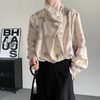 Chemise décontractée ample à col montant irrégulier et manches longues pour homme, imprimé délavé à l'encre, pour la mode streetwear, vente en gros de hauts pour homme, chemise homme
