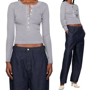 T-shirts Henley en coton extensible à col rond basique pour femmes, t-shirts Henley en jersey côtelé à manches longues sexy pour femmes - Product Image 1