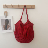 Sac fourre-tout en crochet pour femme, fait main en coton, sac de marché, sac à main à maille ouverte motif losange avec bandoulière intégrée, sac bohème