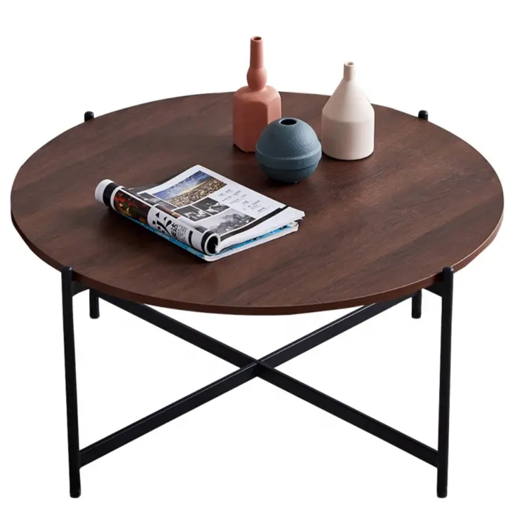 Cheap Simple Modern Coffee Tables Large Wood Warm Nutmeg Top Round Coffee Table Metal Black For Sale