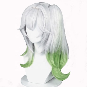 Perruque de cosplay <span class=keywords><strong>Nahida</strong></span> Genshin Impact Anime, 50 cm, longue, bouclée, argentée et verte, résistante à la chaleur, avec une queue de cheval, vente en gros - Product Image 5