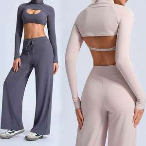 ชุดโยคะแขนยาวคอสูงเว้าหลัง กางเกงขายาวทรงกว้าง ชุดออกกำลังกาย 2 ชิ้น - Product Image 1