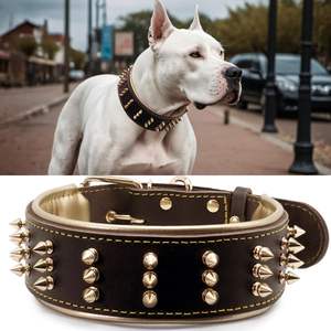 Collar para mascotas con pinchos de cuero genuino hecho a mano de primera calidad Collar de perro de cuero resistente de 2,2 pulgadas de ancho - Product Image 3