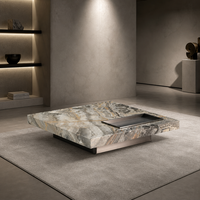 Table basse carrée de luxe moderne, plateau en marbre brun Venise naturel de 18 mm, base en acier inoxydable gris titane brossé