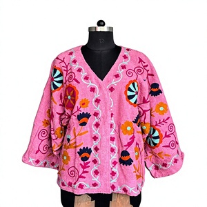 <b>Pink</b> Boho Floral Embroidered Handcrafted Cotton Jacket Cape <b>Shrug</b> Summer Spring Breathable V-neck Flare Sleeve Thin - Product Image 1
