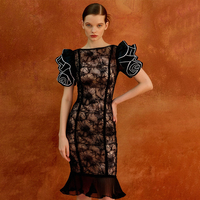 ZYHT 10772 vente chaude été dentelle fête femmes robes Sequin manches bouffantes noir élégant robe de soirée de luxe