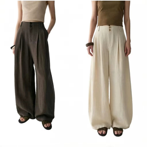 <span class=keywords><strong>Pantaloni</strong></span> da Lavoro Minimalisti da Donna, Gamba Larga con Pieghe, in <span class=keywords><strong>Misto</strong></span> <span class=keywords><strong>Lino</strong></span> Traspirante e Sostenibile, Eleganti <span class=keywords><strong>Pantaloni</strong></span> da Spiaggia - Product Image 1