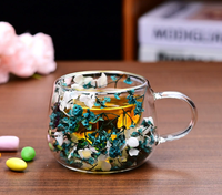 Mug en verre borosilicate soufflé à la main à double paroi avec intercouche de fleurs séchées, résistant à la chaleur, 130 ml, anti-fuite