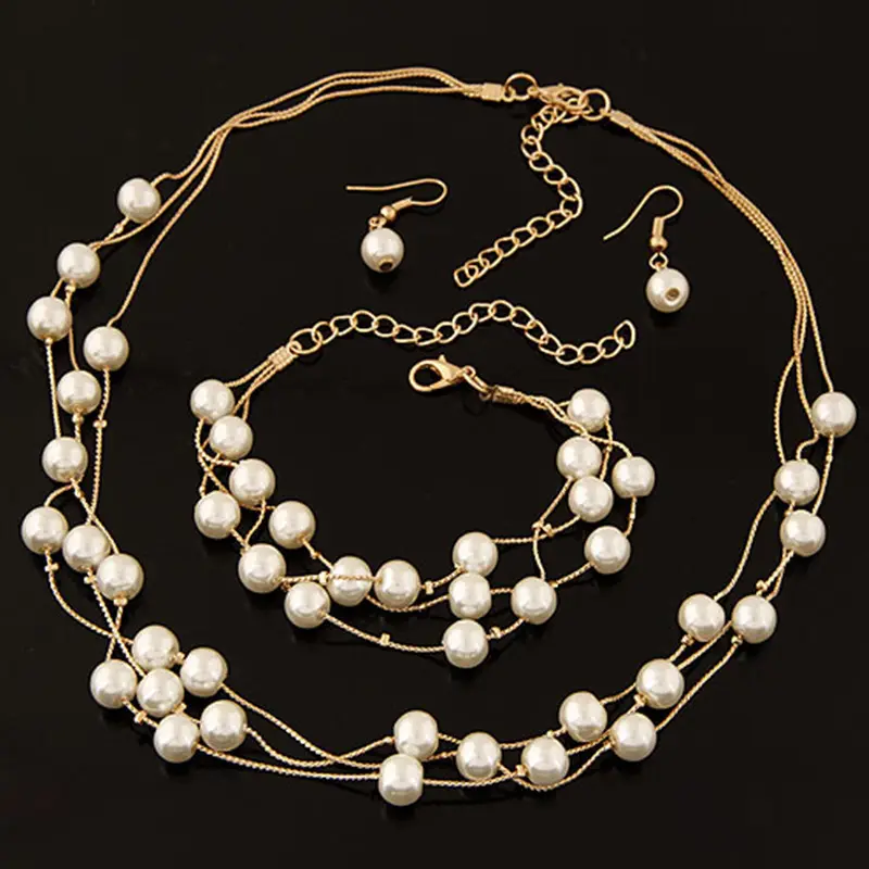 Комплект женских ювелирных изделий, многослойное Элегантное ожерелье-чокер с изящным жемчугом, комплект из 3 предметов