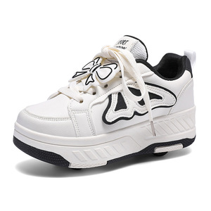 Zapatillas de Lona con Plataforma para Niña, Punta Redonda, Cierre de Cordones, Parte Superior Sintética, Suela de Goma Acolchada, para Todas las Temporadas, Blanco, Rosa, con Detalle de Lazo - Product Image 5
