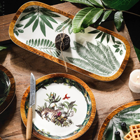 Vente en gros LovingHome, ensembles de vaisselle en porcelaine fine de luxe, motif feuilles vertes, compatible lave-vaisselle/micro-ondes/four