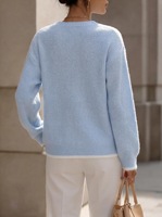 Pull en maille côtelée kaki pour femme, col rond, bordure contrastante en fourrure, manches longues, coupe ample