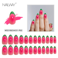 Nailway Faux Ongles à Coller en Acrylique, Longueur Moyenne, 24 Pièces, Rose Foncé avec Pointe Verte, pour l'Été, Vente en Gros, Forme Amande, Design pour Doigts