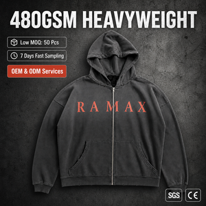 <span class=keywords><strong>Áo</strong></span> <span class=keywords><strong>khoác</strong></span> hoodie nam RAMAX 480GSM dày dặn, khóa kéo, màu đen đã qua xử lý, phong <span class=keywords><strong>cách</strong></span> Y2K Grunge Streetwear, dáng rộng, nhận đặt hàng số lượng lớn, OEM tùy chỉnh - Product Image 1