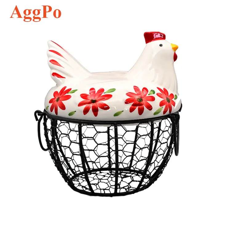 Metal Wire Egg Storage Basket Hen Shaped Cover Farmhouse Style Egg Basket Ceramic Lid Kitchen Collecting Container