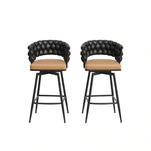 Juego de 2 Taburetes de Bar de Cuero Tejido, Giratorios 360°, Asiento Color Bronceado, Patas Negras, Diseño Contemporáneo, Muebles de Bar - Product Image 1