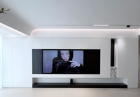Mueble de TV Moderno Minimalista Empotrado en la Pared, Contraste Blanco y Negro, Base de TV Flotante Larga con Almacenamiento Oculto para Sala de Estar