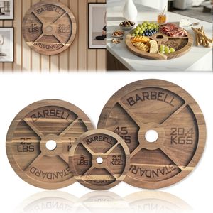 Wooden <b>Dumbbell</b> Shaped Tray 45 Lbs 25 Lbs 5 Lbs Standard Barbell Design Serving Tray For Snacks Desserts Fruit - Product Image 4