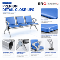 Banc d'attente commercial moderne pour aéroport, 3 places, avec coussin en cuir, pour extérieur, centre commercial, parc, salle de sport, sièges publics, avec structure en fer