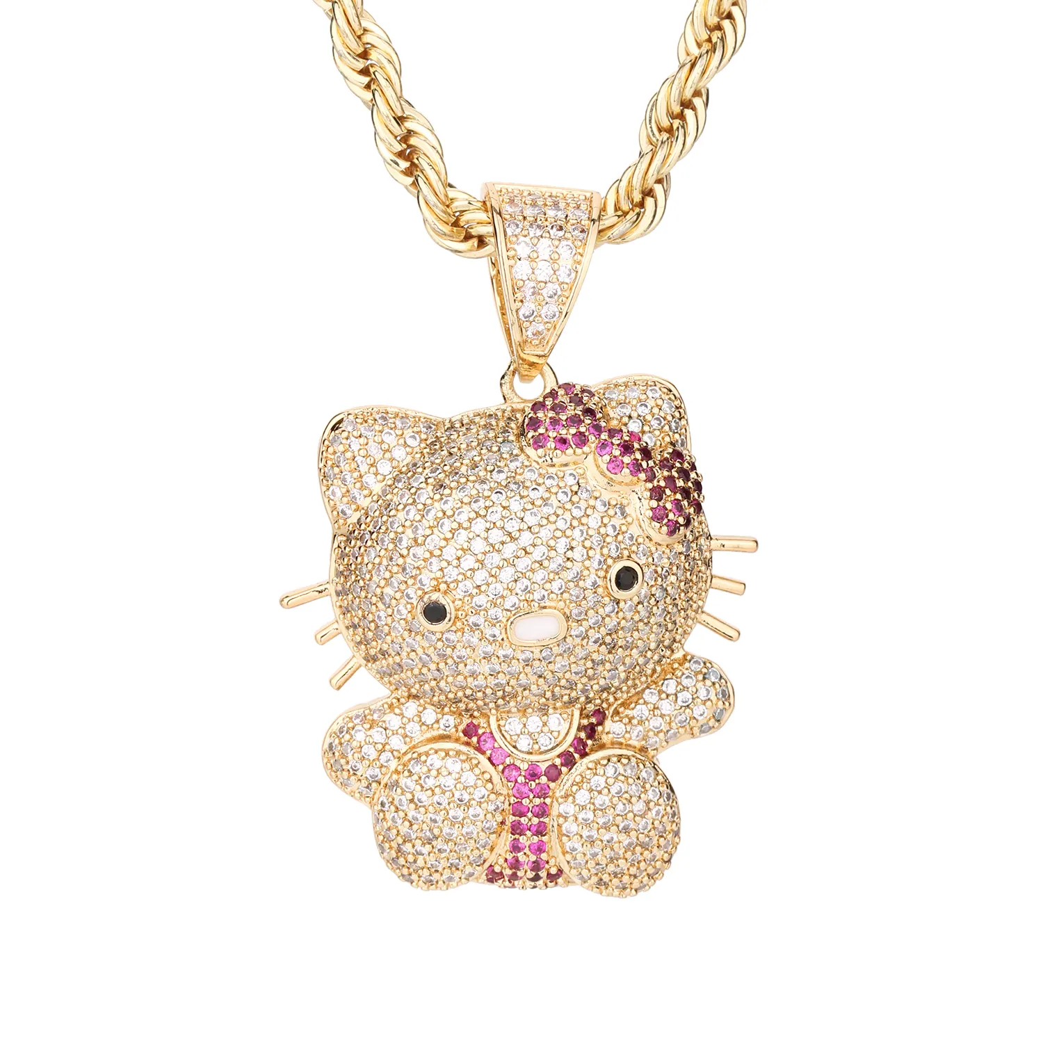 Nouveauté Hip Hop plaqué or 14 carats, pendentifs et colliers en cuivre avec zircone cubique et chat de dessin animé mignon