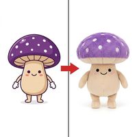 Peluche personnalisée en forme de champignon violet à pois, humanoïde, avec joues rouges, inspirée de dessins animés forestiers