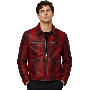 Blouson Moto <span class=keywords><strong>en</strong></span> Cuir <span class=keywords><strong>de</strong></span> Mouton Imprimé Serpent pour <span class=keywords><strong>Homme</strong></span>, Col Rabattu, Style Biker Urbain, Fabrication OEM - Product Image 1