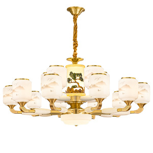 Chinese Style All Copper Jade Chandelier <b>Led</b> <b>Light</b> Multi Head Round For Living Room Bedroom Dining Room - Product Image 3