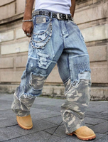 Custom Men Jeans Baggy Wide Leg Camo Patchwork Distressed Ripped Y2K Streetwear Denim Pants Manufacturer