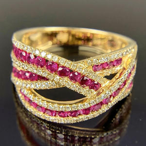 Anillo de cóctel T0805 de oro macizo de 18 quilates con rubí y diamantes engastados en pavé, diseño geométrico, joyería fina para boda de mujer - Product Image 2