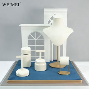 WEIMEI White Gold Trim Blue Velvet Base <b>Necklace</b> Bust Earring <b>Ring</b> Stand Bracelet Holder Luxury Window Jewelry Display Set - Product Image 2